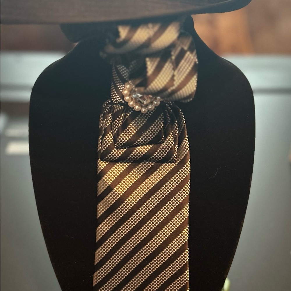 Black and Gold Striped Women's Scarf with Pearl Accent